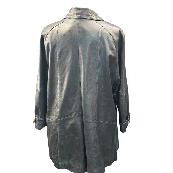 Hillary Paige Vintage 80s 90s 2 Gold Button Black Leather Trench Coat Women PL - Picture 3 of 7